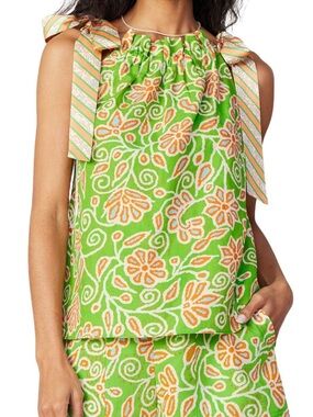 Current Air Boho Batik Floral Linen Blend Top with Striped Shoulder Ties M